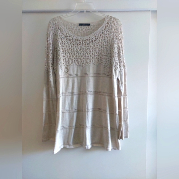 Peruvian Connection Pima Cotton Crochet Sweater Beige Sz XL Bohemian Neutral - Picture 1 of 8